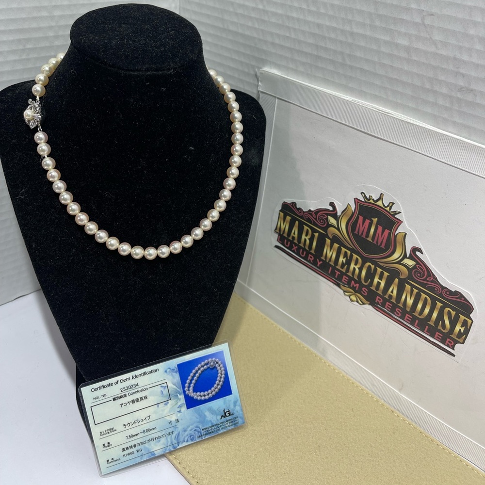 K14 white Gold /Akoya Pearl Necklace size 17 inches, Pearls size 7.5-8 mm